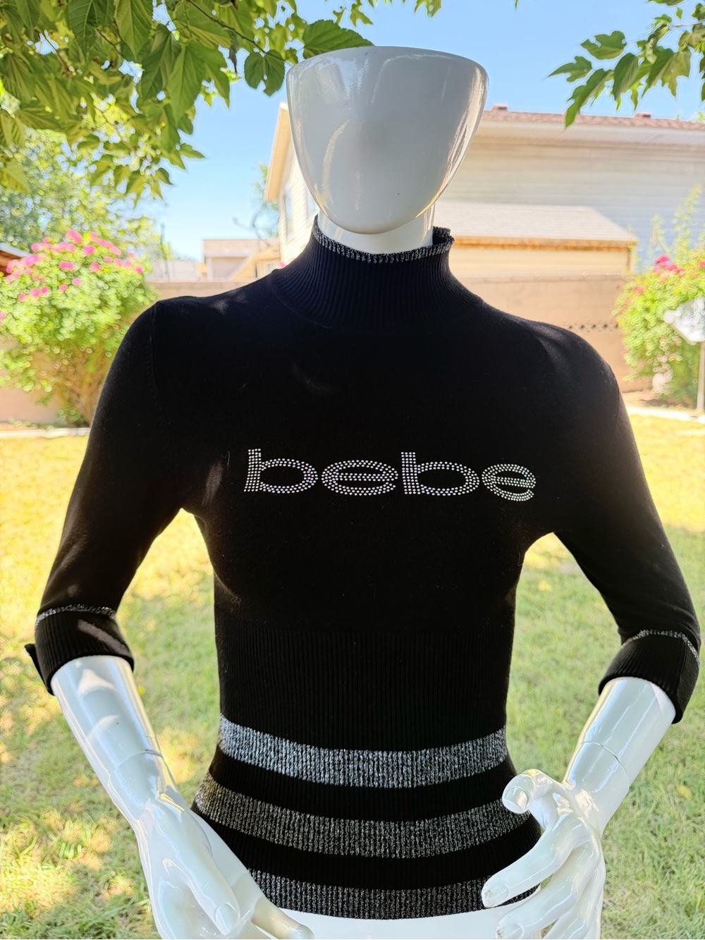 bebe Black Ribbed Knit Top with Logo Tag